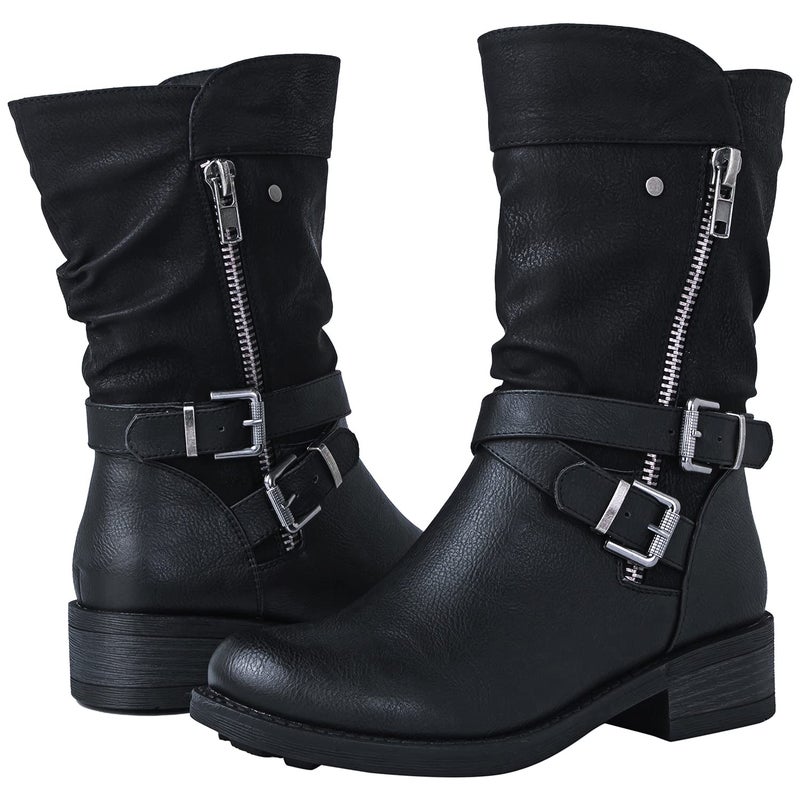 GLOBALWIN Women's Fall Fashion Biker Boots Mid Calf Boots For Women Black Low Heel Size 6M - Image 2
